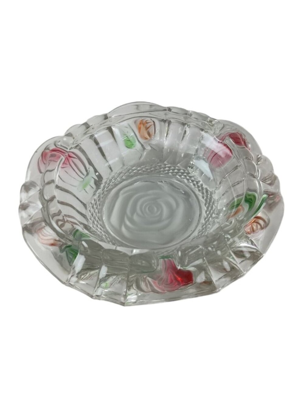 Indonesia  Ashtray Pressed Etched Glass Rose Pattern 3 Slots 6" Vintage
